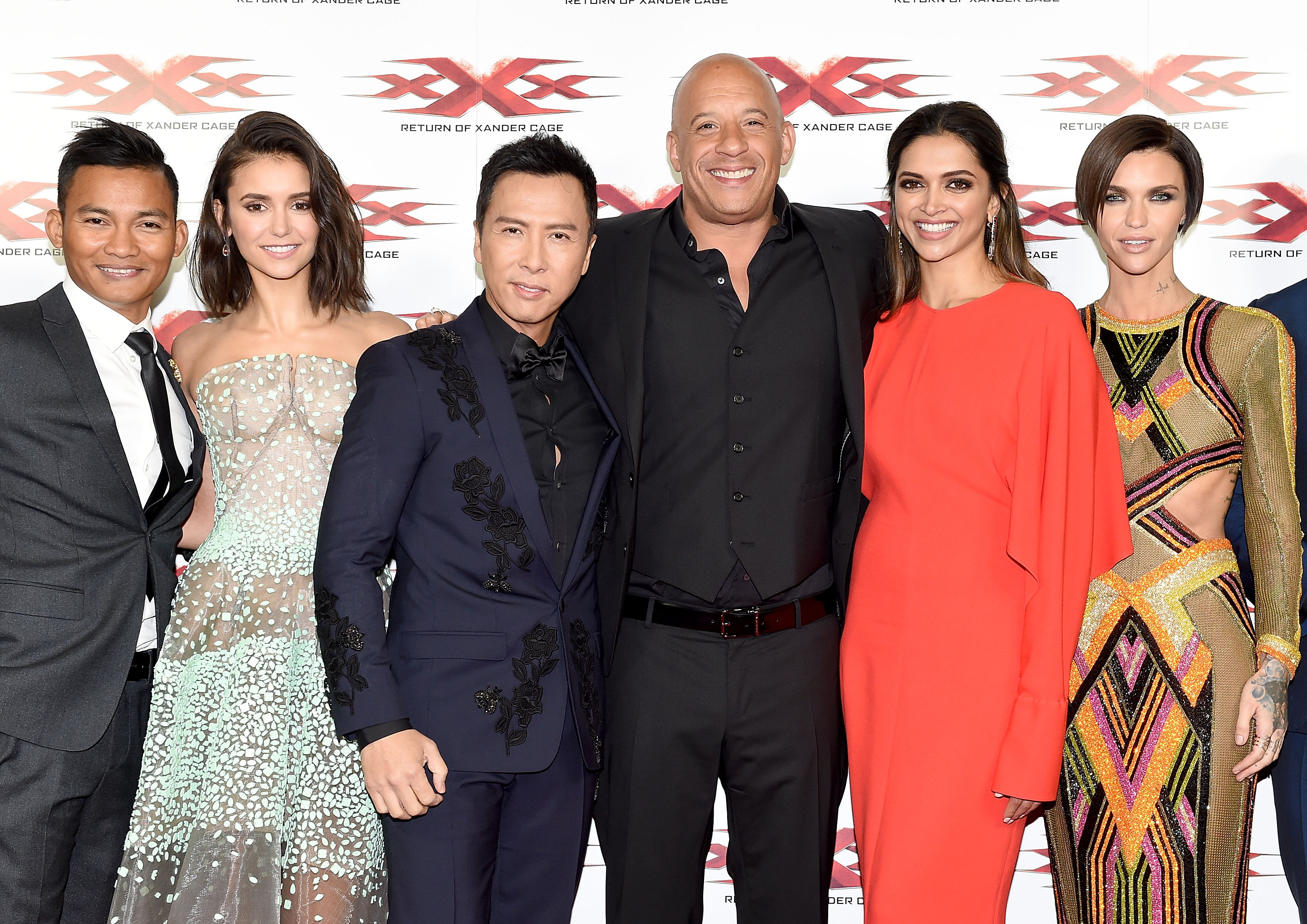 LONDON, ENGLAND - JANUARY 10: (L-R) Tony Jaa, Nina Dobrev, Donnie Yen, Vin Diesel, Deepika Padukone and Ruby Rose attend the European Premiere of Paramount Pictures' 
