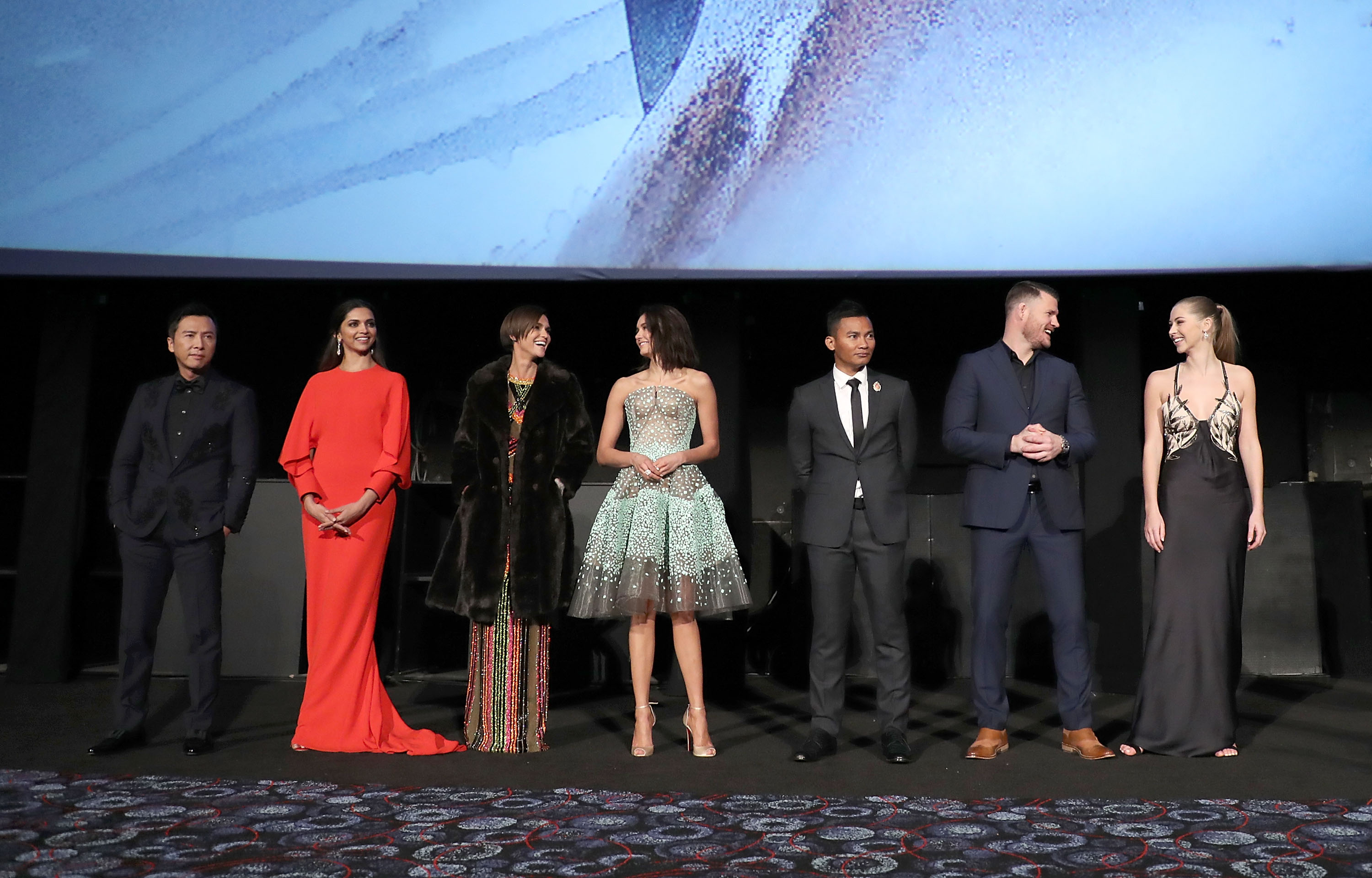 LONDON, ENGLAND - JANUARY 10: (L-R) Donnie Yen, Deepika Padukone, Ruby Rose, Nina Dobrev, Tony Jaa, Michael Bisping and Hermione Corfield attend the European Premiere of Paramount Pictures' 